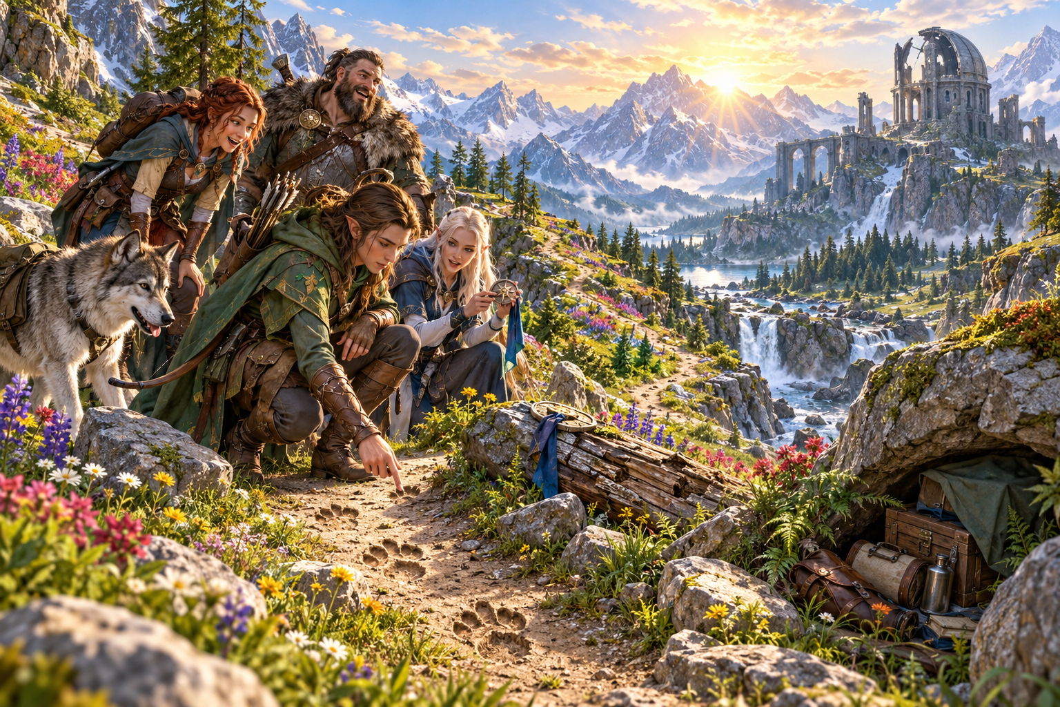 Fantasy illustration of companions discovering tracks, a useful clue on an alpine path