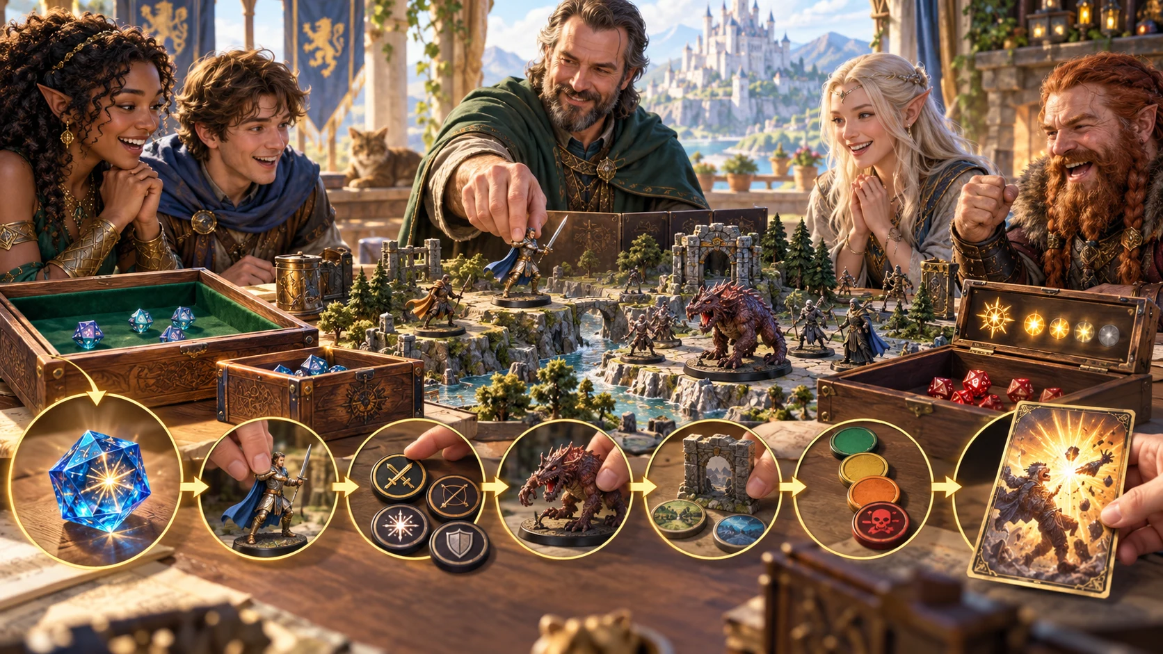Fantasy illustration of a tabletop group reviewing the character, roll and combat scene