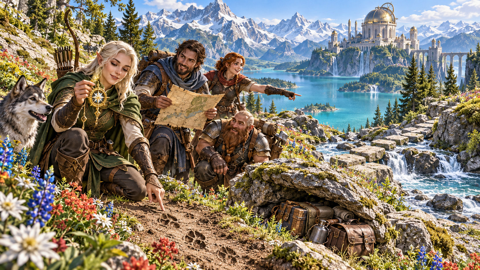 Fantasy illustration of companions finding a useful trail beside a mountain lake