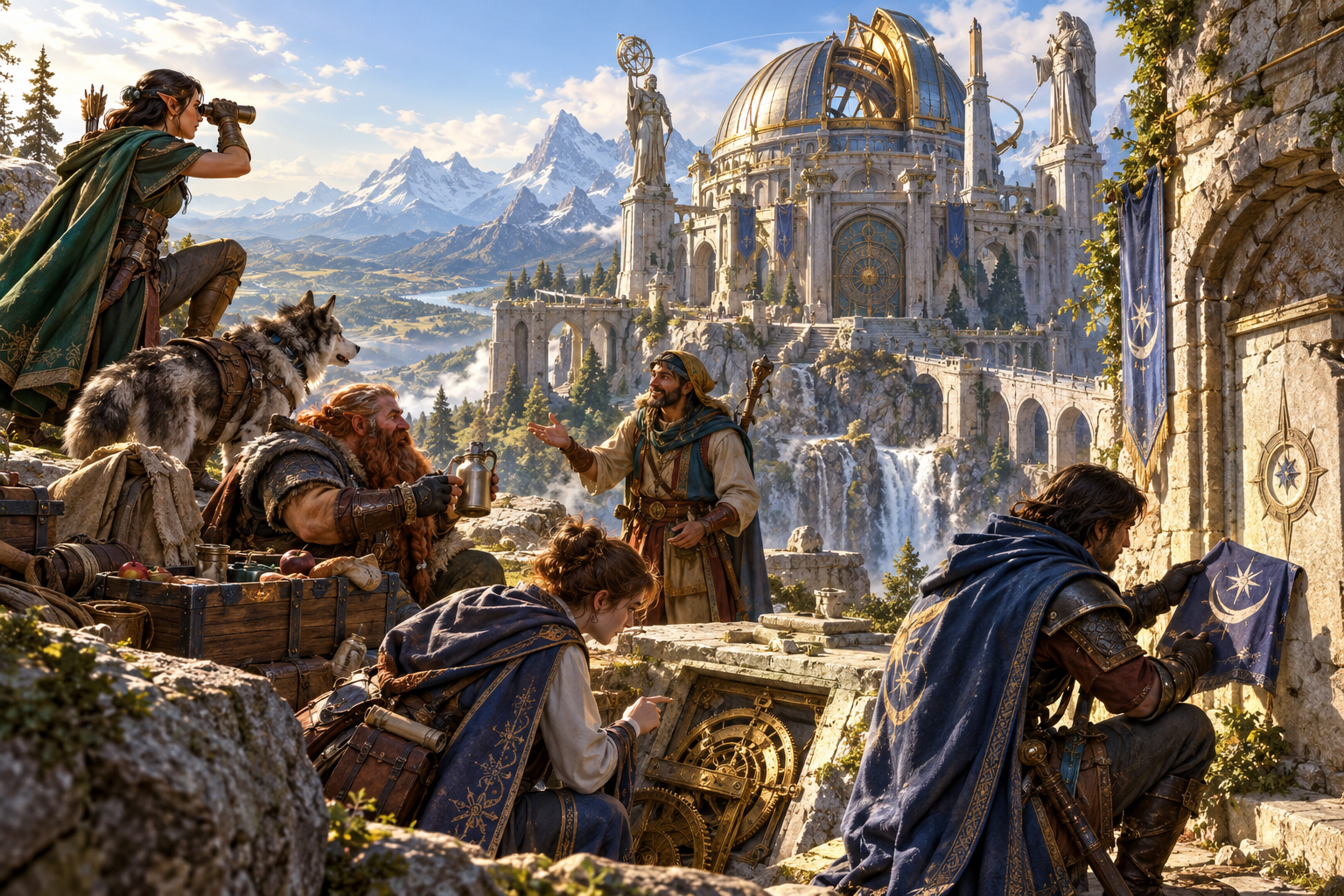 Fantasy illustration of companions examining a bounded path into a castle while challenges remain ahead