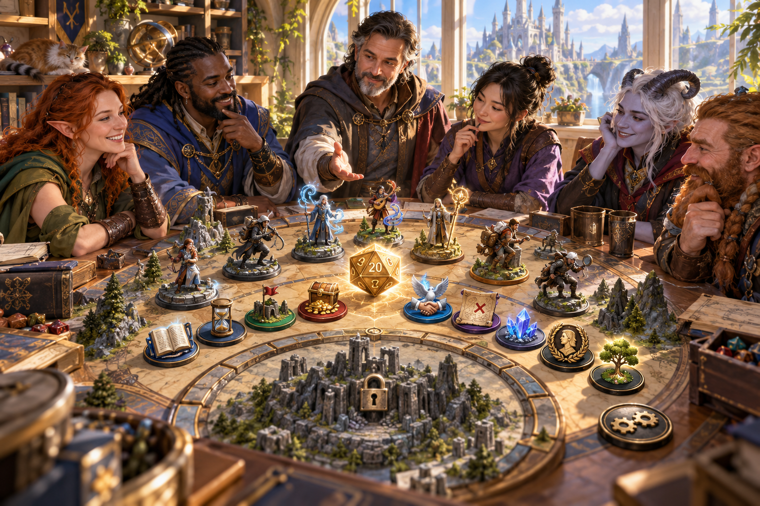 Fantasy illustration of a tabletop group considering a successful roll and possible extra benefits